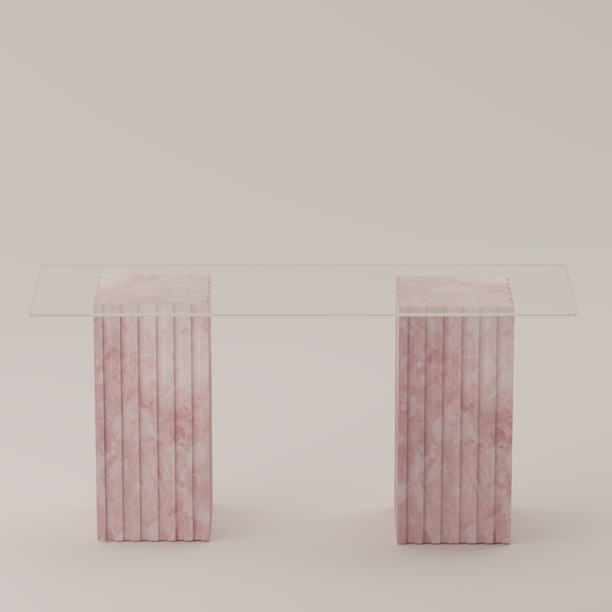 Cannelé Console Table with dual Pink Quartz stone bases and a clear glass top, a sculptural statement by Pierre Mason
