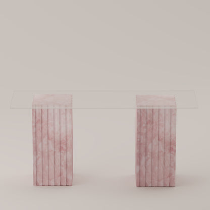 Cannelé Console Table with dual Pink Quartz stone bases and a clear glass top, a sculptural statement by Pierre Mason