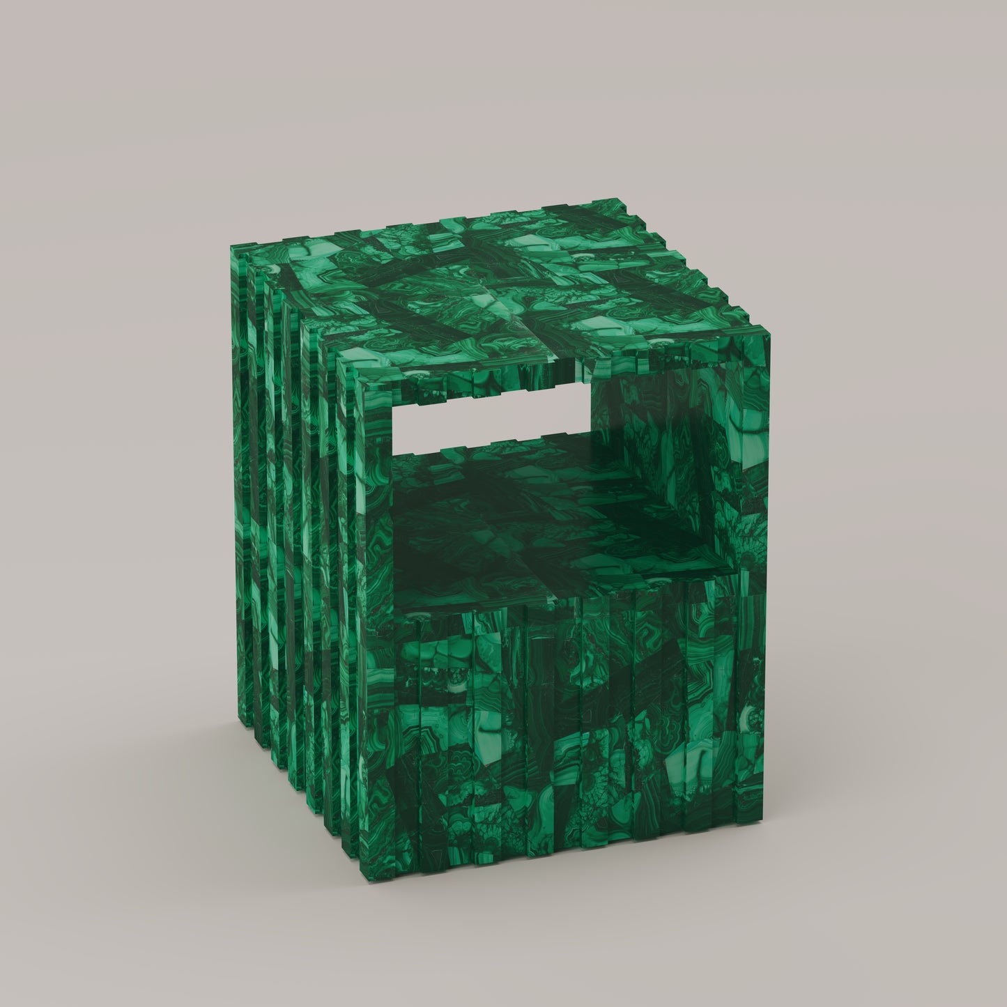 Cannelé Nightstand crafted from Malachite semi-precious stone, a bold statement piece that doubles as an end or accent table by Pierre Mason