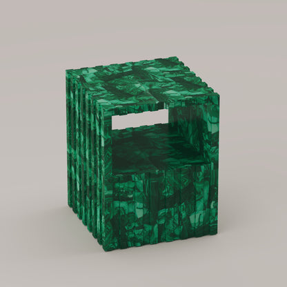 Cannelé Nightstand crafted from Malachite semi-precious stone, a bold statement piece that doubles as an end or accent table by Pierre Mason