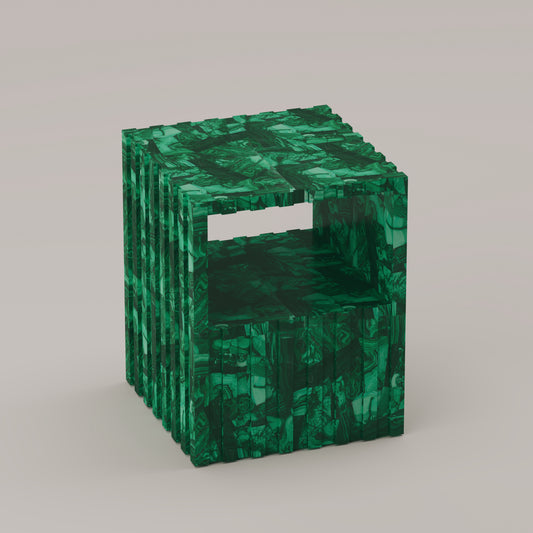 Cannelé Nightstand crafted from Malachite semi-precious stone, a bold statement piece that doubles as an end or accent table by Pierre Mason