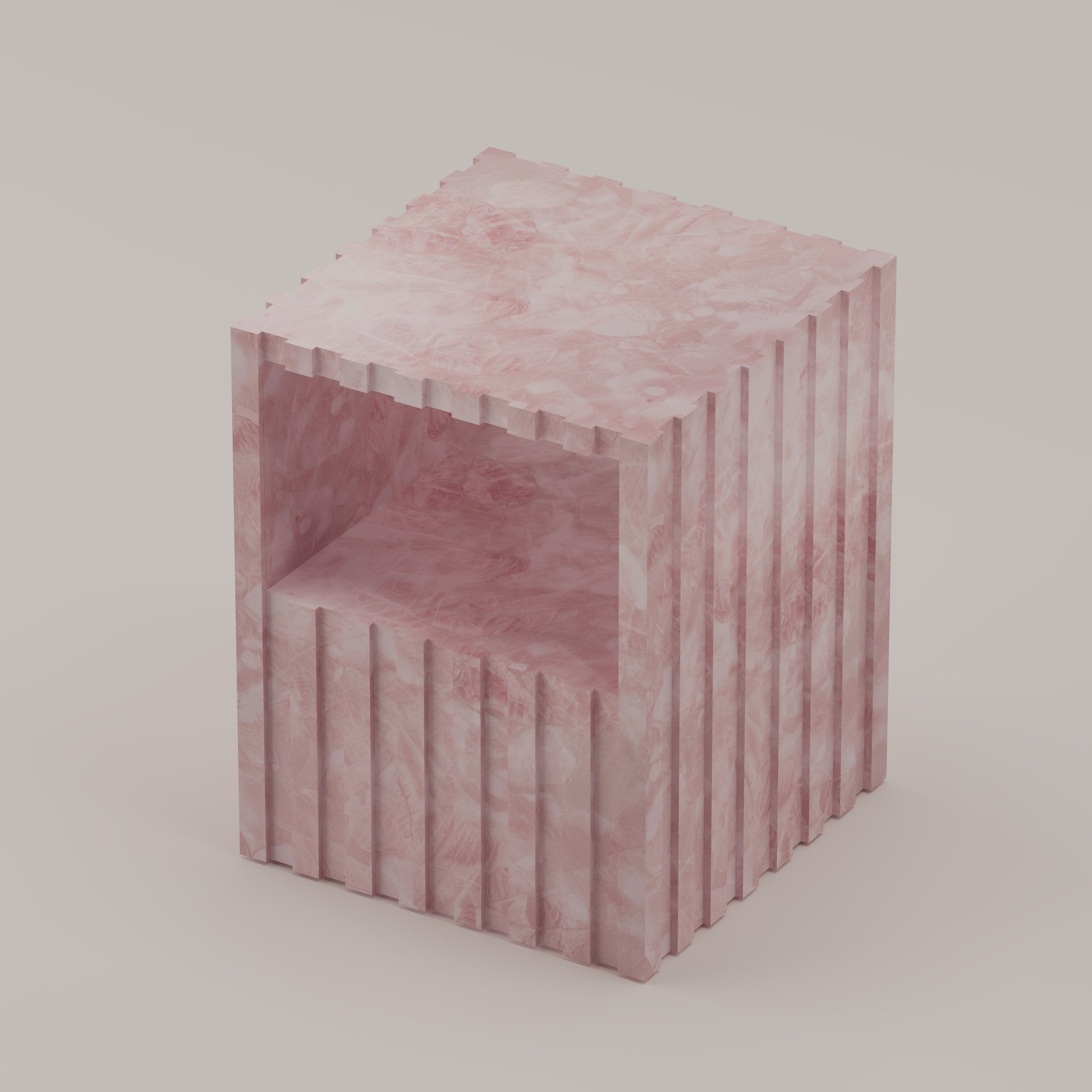 Cannelé Nightstand crafted from Pink Quartz semi-precious stone, also functions as a refined end or accent table by Pierre Mason