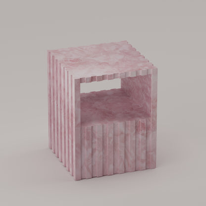 Cannelé Nightstand crafted from Pink Quartz semi-precious stone, also functions as a refined end or accent table by Pierre Mason