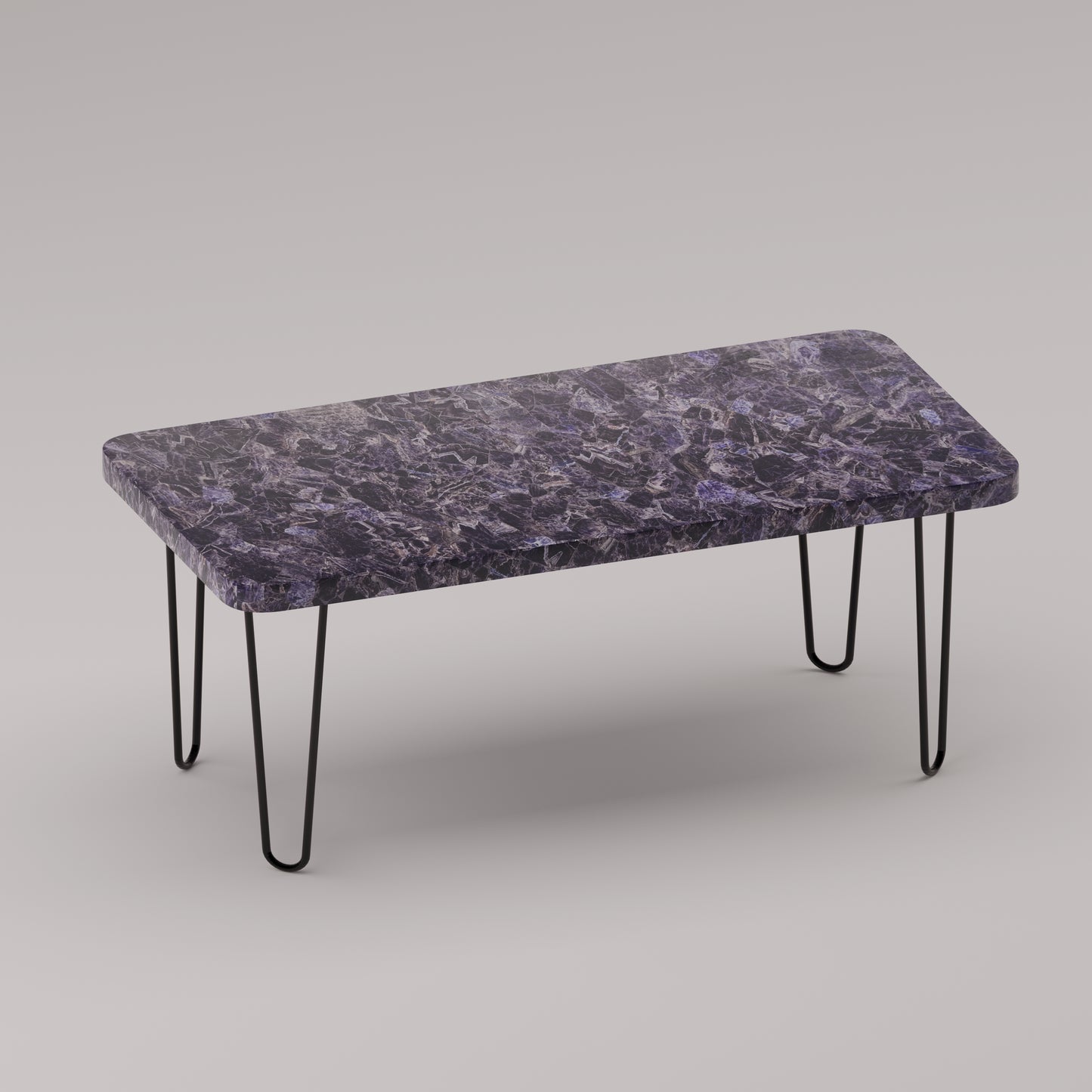Légère Coffee Table with amethyst stone top and handcrafted hairpin legs by Pierre Mason


