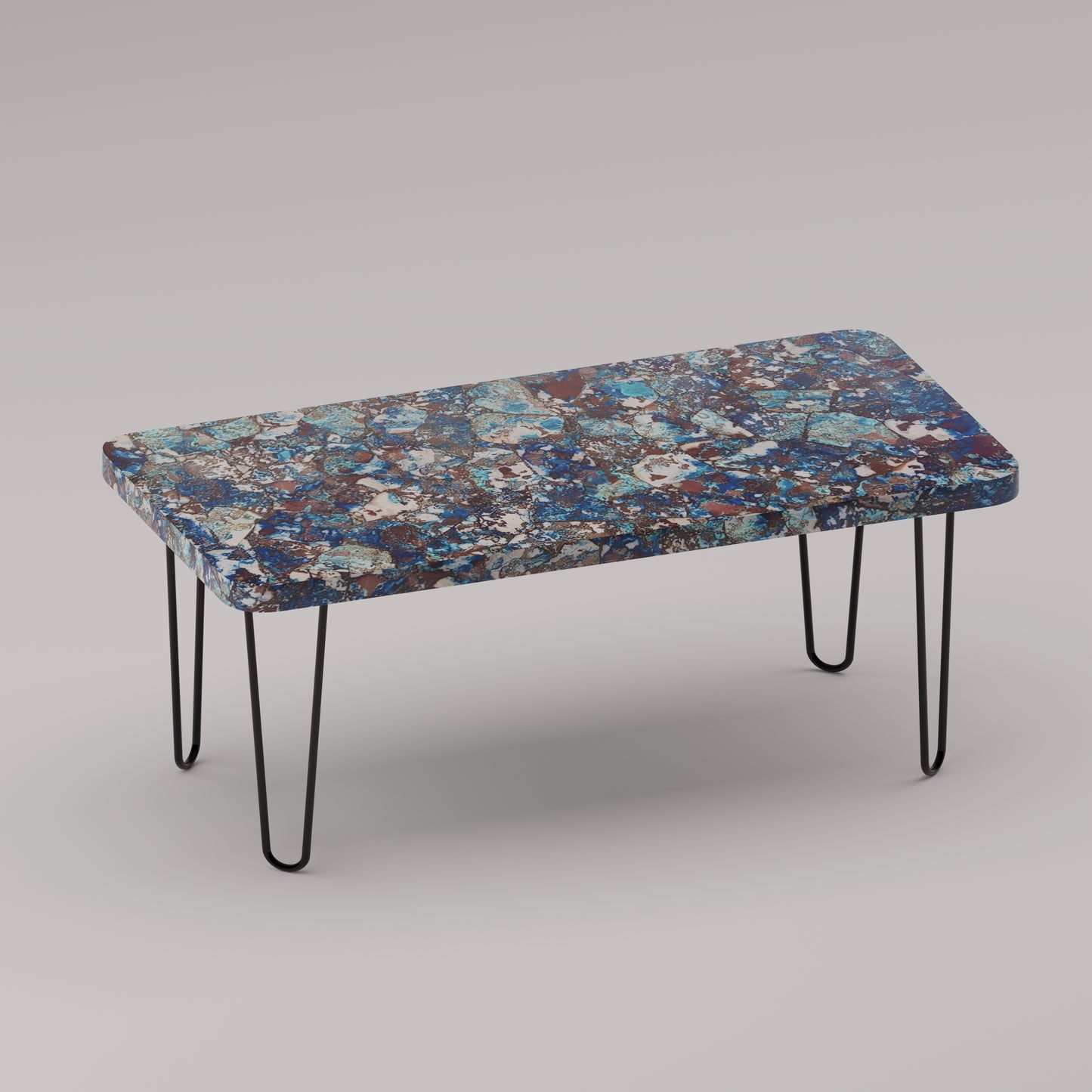 Légère Coffee Table with Ocean Vein blue chrysocolla stone top and handcrafted hairpin legs by Pierre Mason

