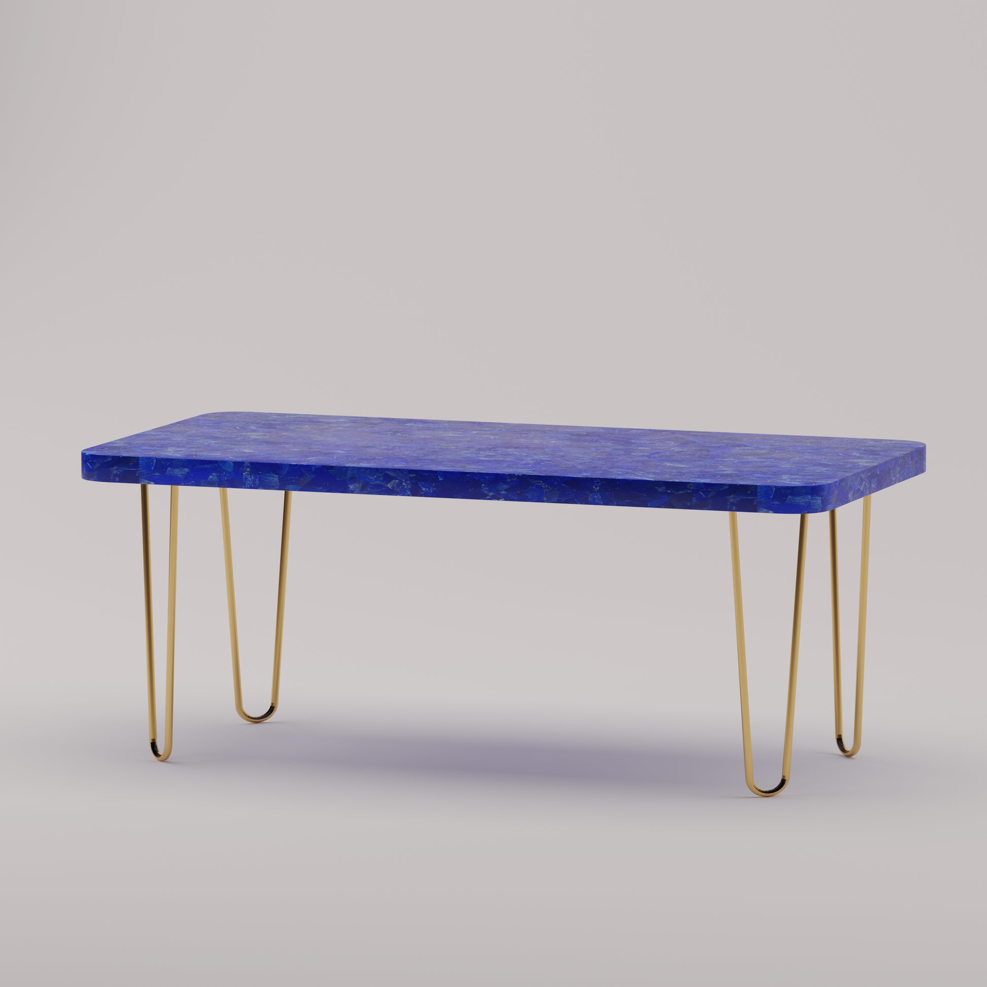Légère Coffee Table with lapis lazuli stone top and handcrafted brass hairpin legs by Pierre Mason