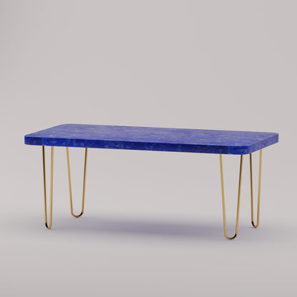 Légère Coffee Table with lapis lazuli stone top and handcrafted brass hairpin legs by Pierre Mason