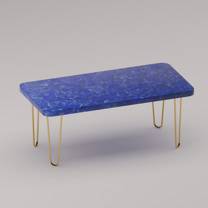 Légère Coffee Table with lapis lazuli stone top and handcrafted brass hairpin legs by Pierre Mason