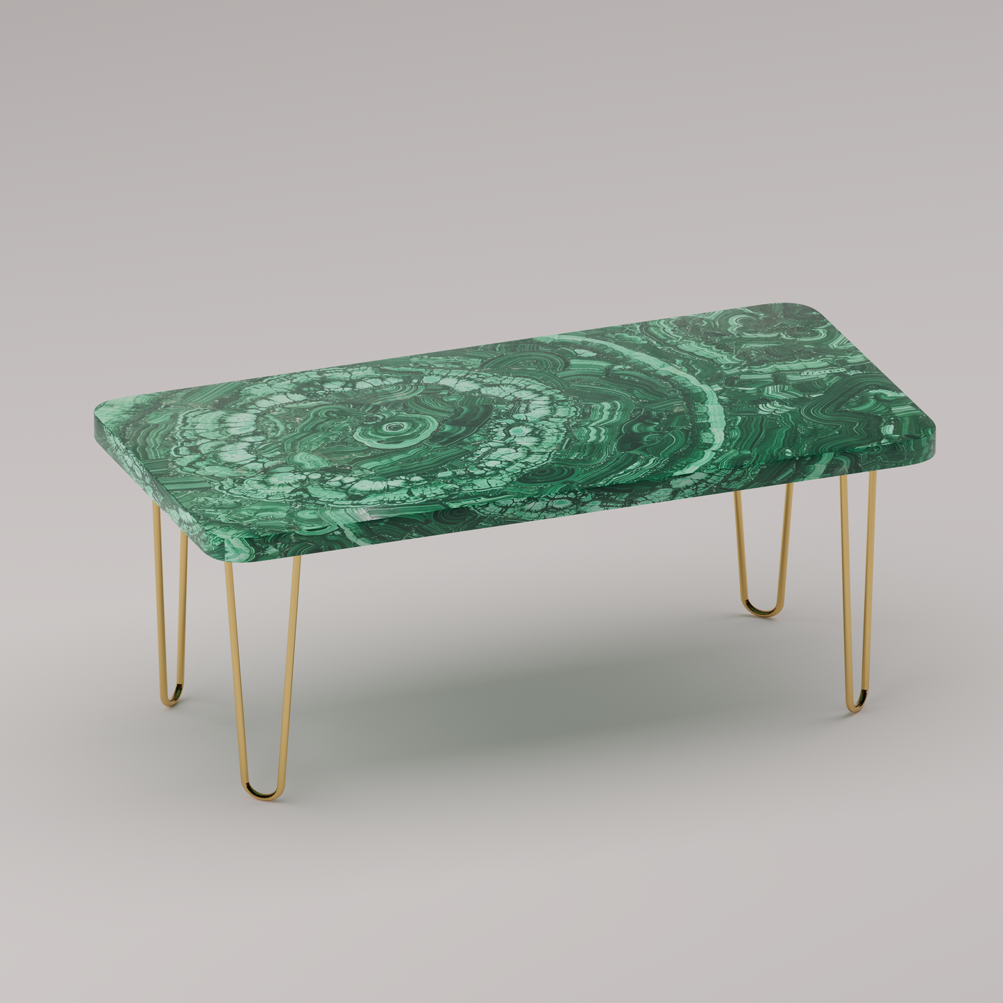 Légère Coffee Table with malachite stone top and handcrafted brass hairpin legs by Pierre Mason