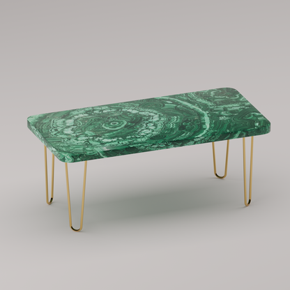 Légère Coffee Table with malachite stone top and handcrafted brass hairpin legs by Pierre Mason