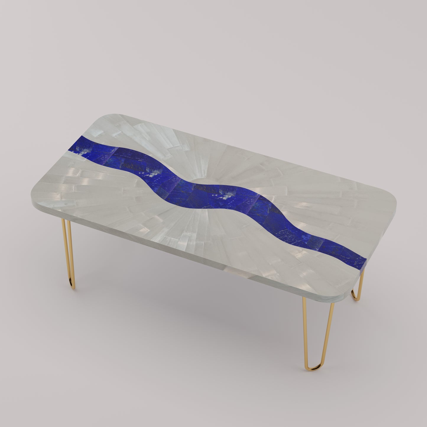Légère Coffee Table with handcrafted selenite sunburst top and lapis lazuli river inlay with handcrafted brass hairpin legs by Pierre Mason