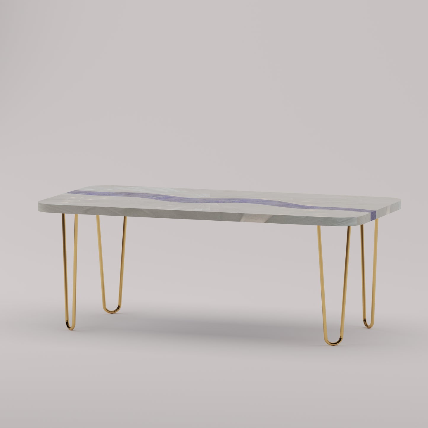 Légère Coffee Table with handcrafted selenite sunburst top and lapis lazuli river inlay with handcrafted brass hairpin legs by Pierre Mason