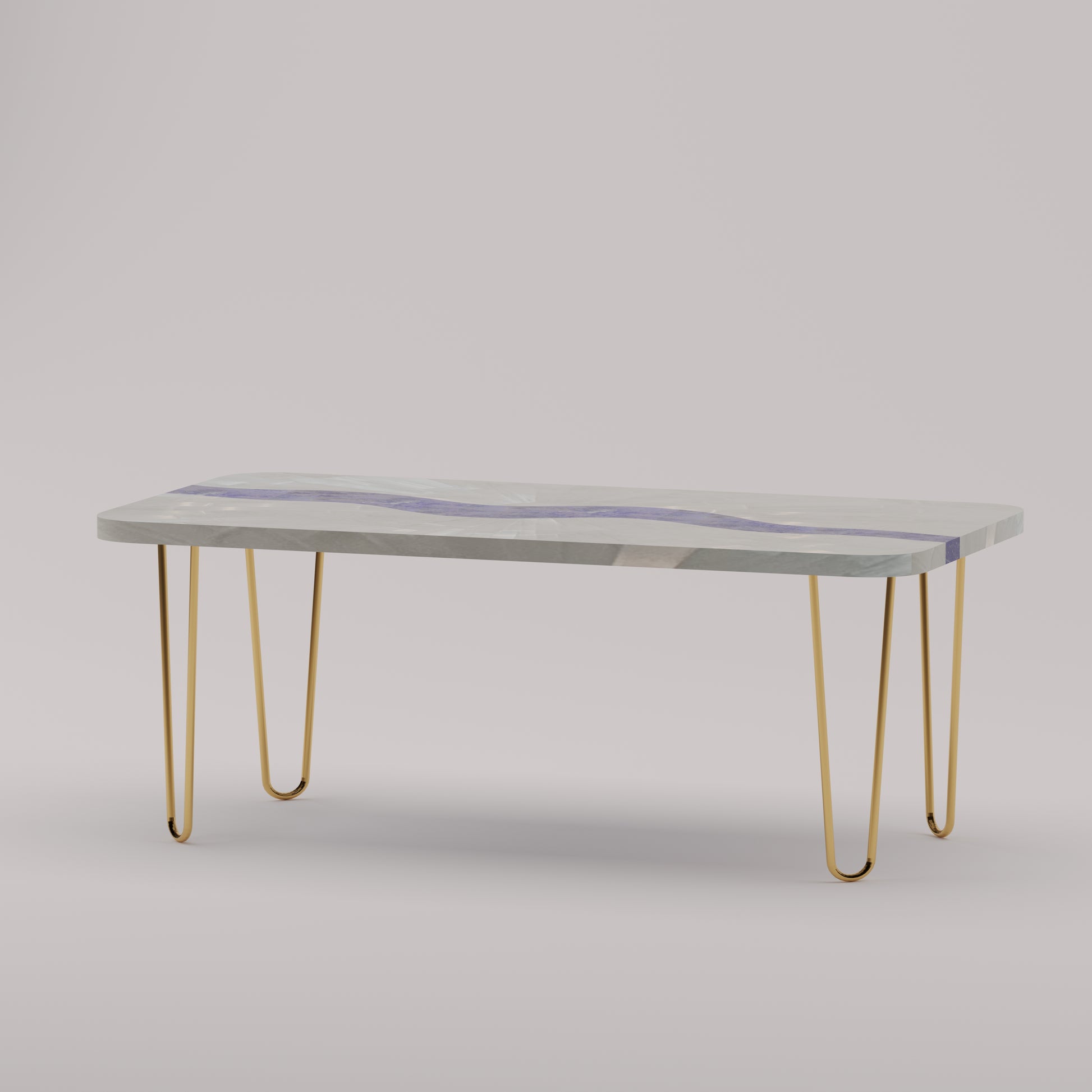 Légère Coffee Table with handcrafted selenite sunburst top and lapis lazuli river inlay with handcrafted brass hairpin legs by Pierre Mason