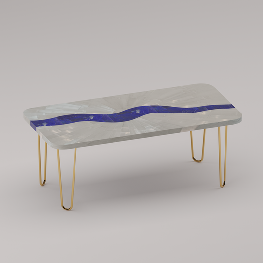 Légère Coffee Table with handcrafted selenite sunburst top and lapis lazuli river inlay with handcrafted brass hairpin legs by Pierre Mason

