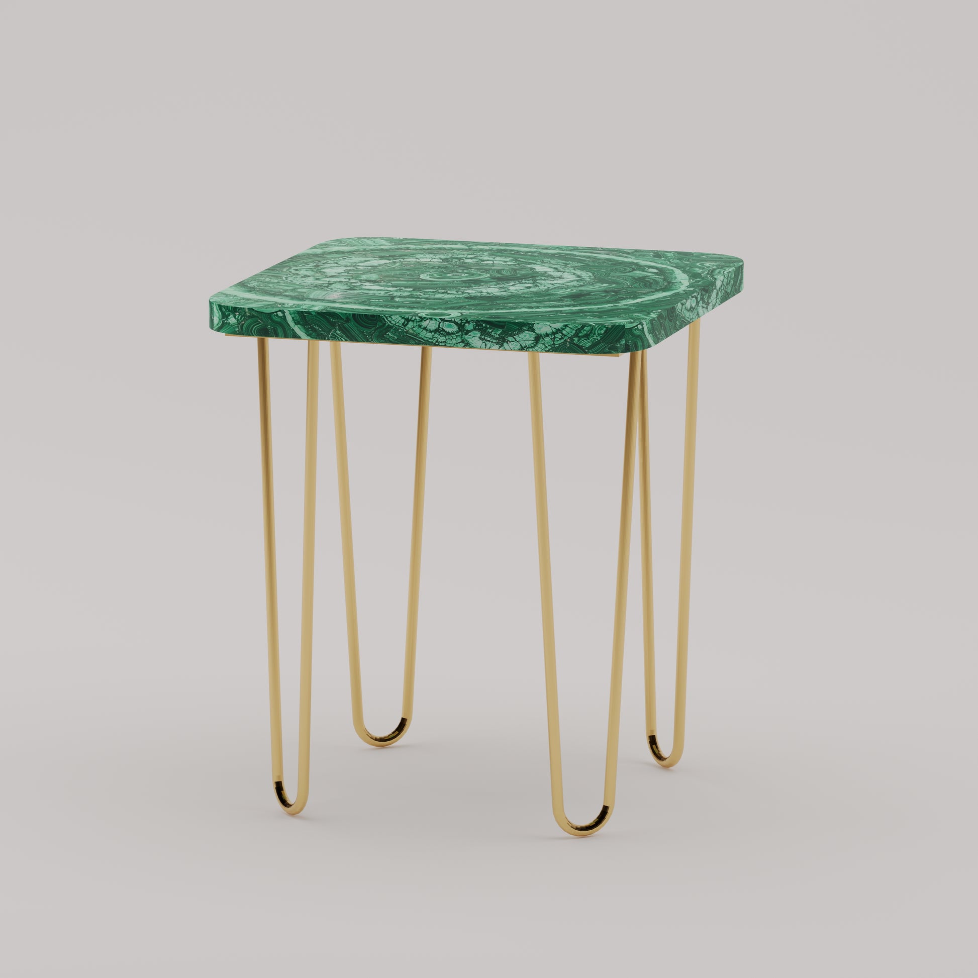 Légère Side Table with malachite stone top and handcrafted brass legs by Pierre Mason