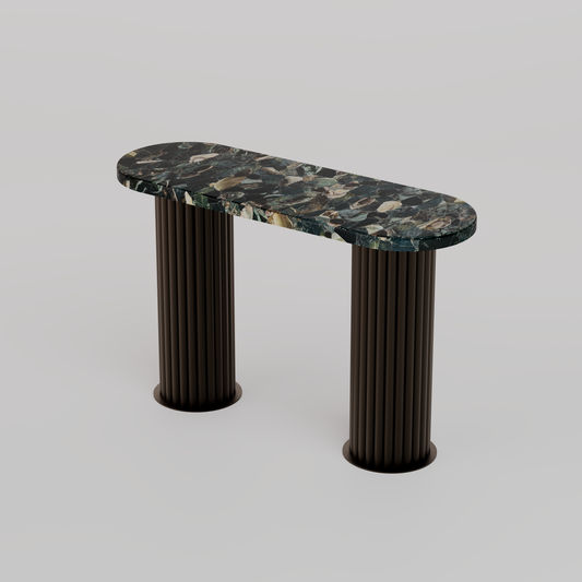 Majesté Console Table with green jasper stone top and handcrafted metal base in dark bronze finish by Pierre Mason