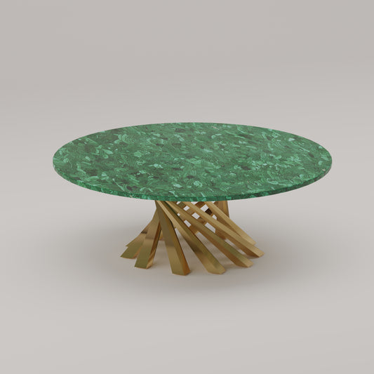 Luxury round coffee table with a 1-inch thick malachite top and sculptural gold base. 48-inch diameter. Handcrafted designer piece by Pierre Mason.