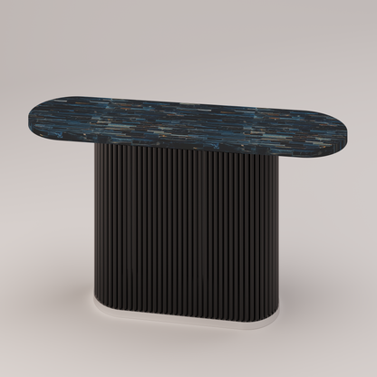 Tiger eye blue brick console and accent table with fluted metal base by Pierre Mason