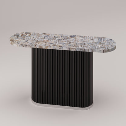 Fluted metal console and hallway table with agate striata stone top by Pierre Mason