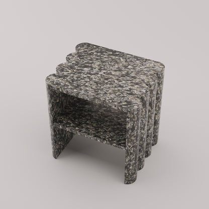 Ondulé Side Table with hand-sculpted scalloped detailing on both sides in black mother of pearl by Pierre Mason
