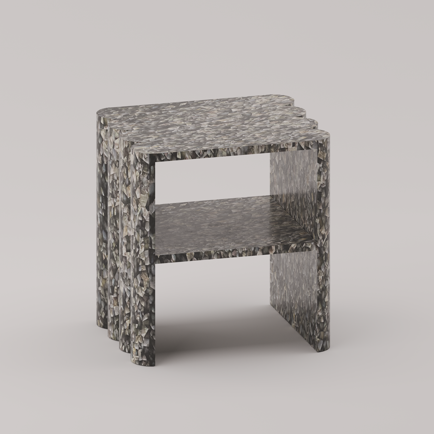 Ondulé Side Table with hand-sculpted scalloped detailing on both sides in black mother of pearl by Pierre Mason 