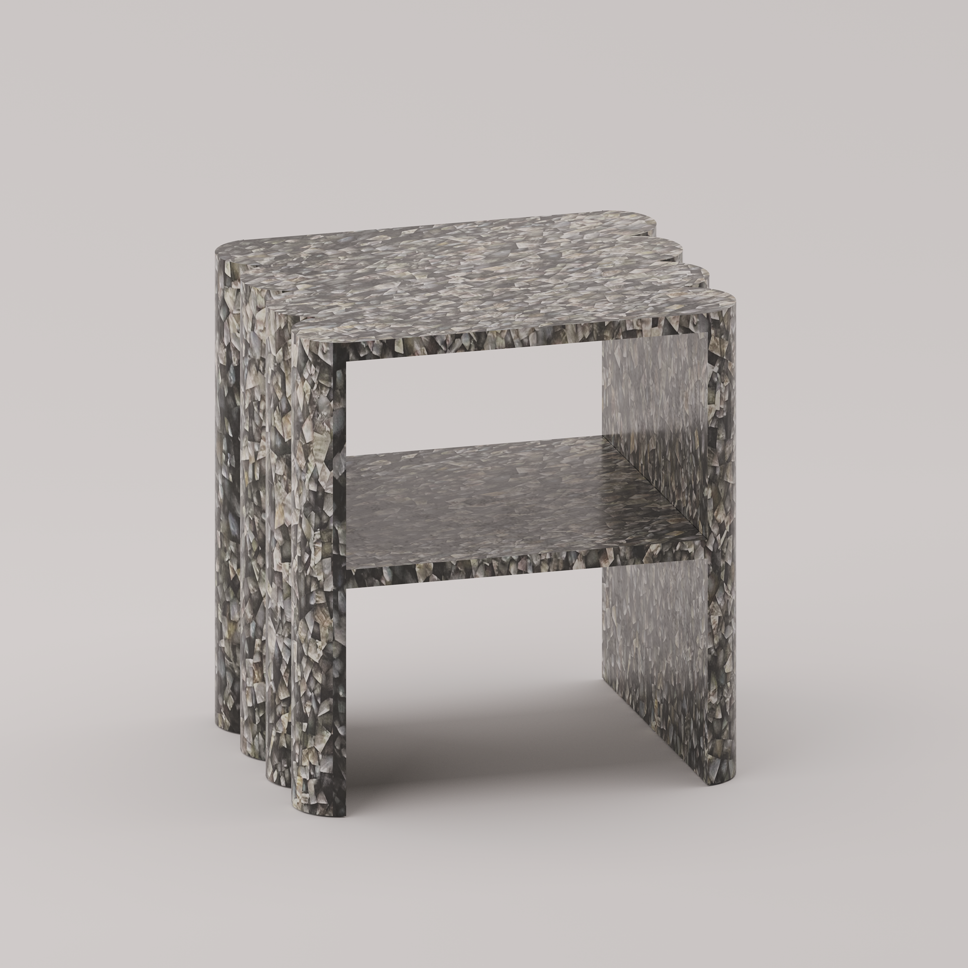 Ondulé Side Table with hand-sculpted scalloped detailing on both sides in black mother of pearl by Pierre Mason 