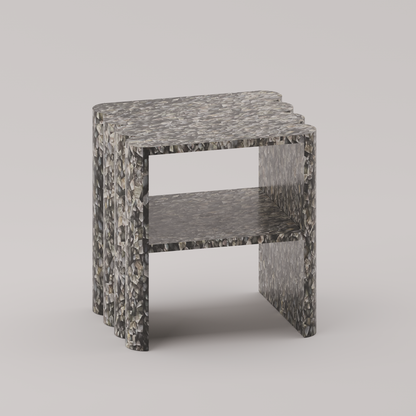 Ondulé Side Table with hand-sculpted scalloped detailing on both sides in black mother of pearl by Pierre Mason 