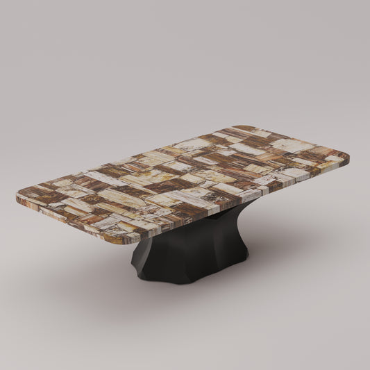 Arboresce Coffee Table by Pierre Mason featuring a polished petrified wood slab in warm brown tones with sculptural base in semi-precious stone

