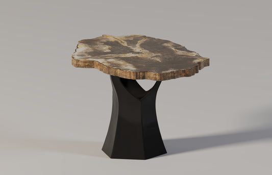 Arboresce mini coffee table by Pierre Mason with live edge petrified wood and sculptural base, crafted from natural semi-precious stone.