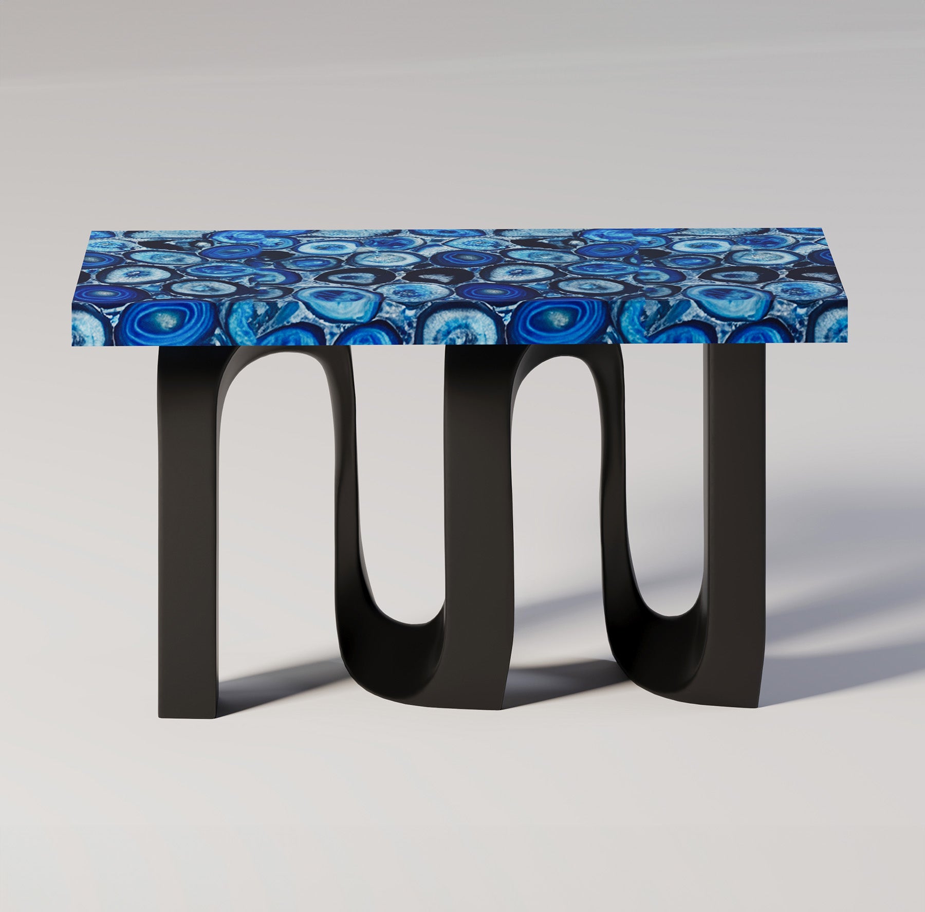 Backlit Blue Agate Arches de Forme Console Table by Pierre Mason, showcasing glowing semi-precious stone and arch design base
