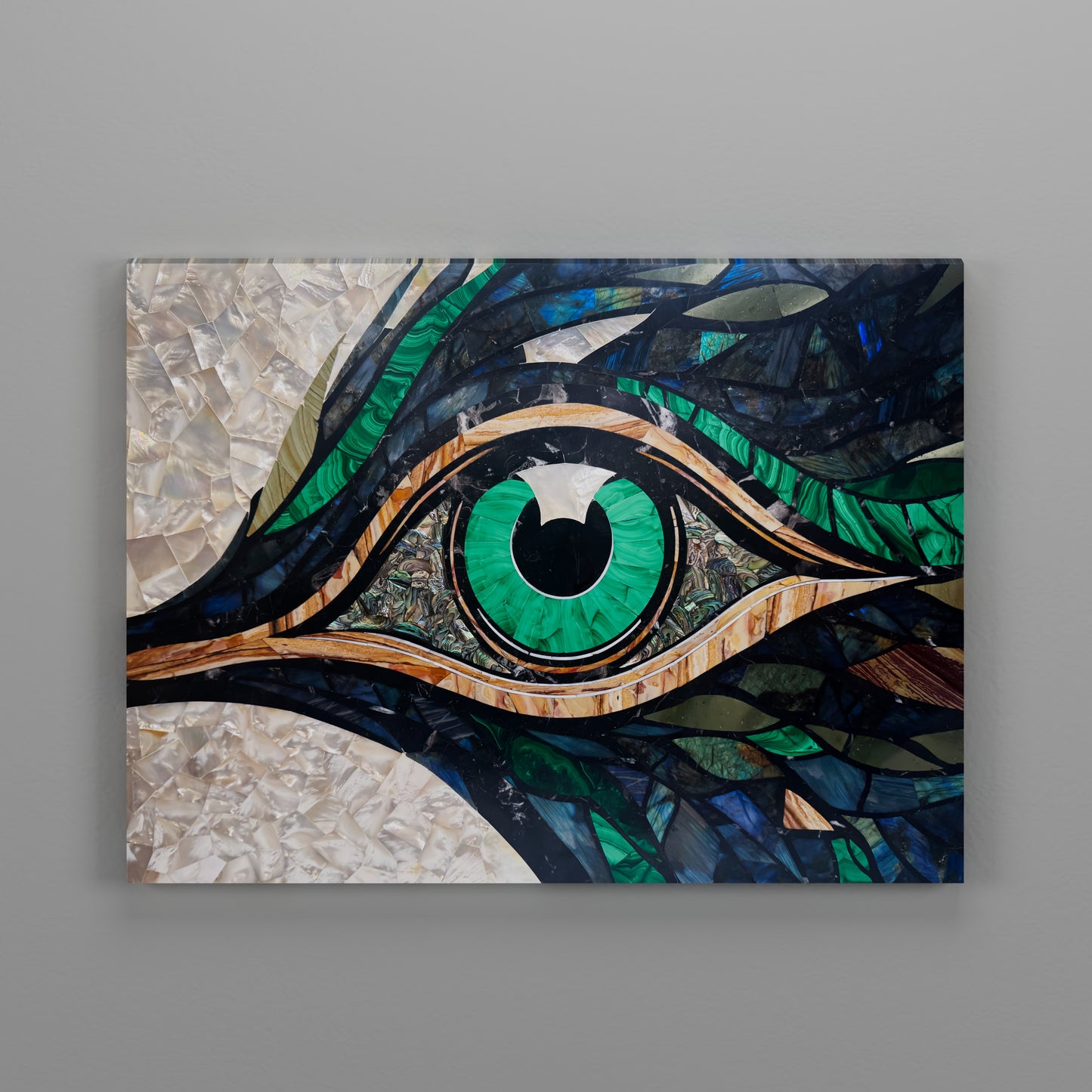 The Focused Eye wall art by Pierre Mason, handcrafted with labradorite, malachite, and mother of pearl in geometric semi-precious stone inlay
