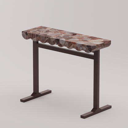 Wave Console Table with Botswana quartz stone top and chocolate metal base and sculpted scalloped edge