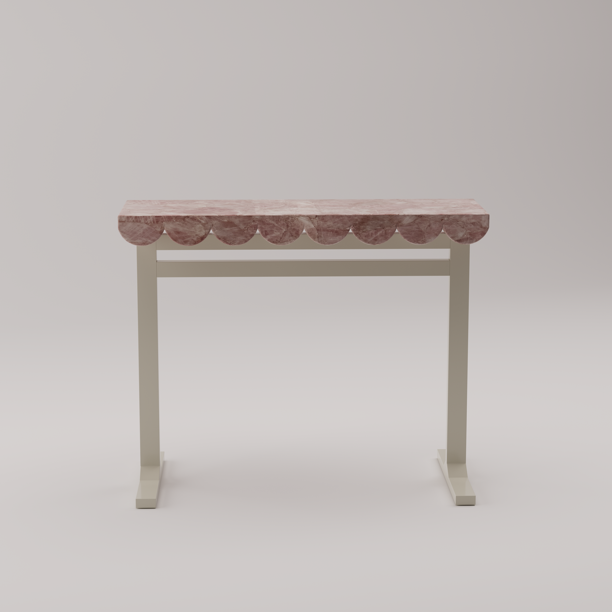 Wave Console Table with pink quartz stone top and oyster white metal base featuring a sculpted scalloped edge