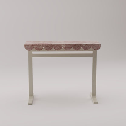 Wave Console Table with pink quartz stone top and oyster white metal base featuring a sculpted scalloped edge