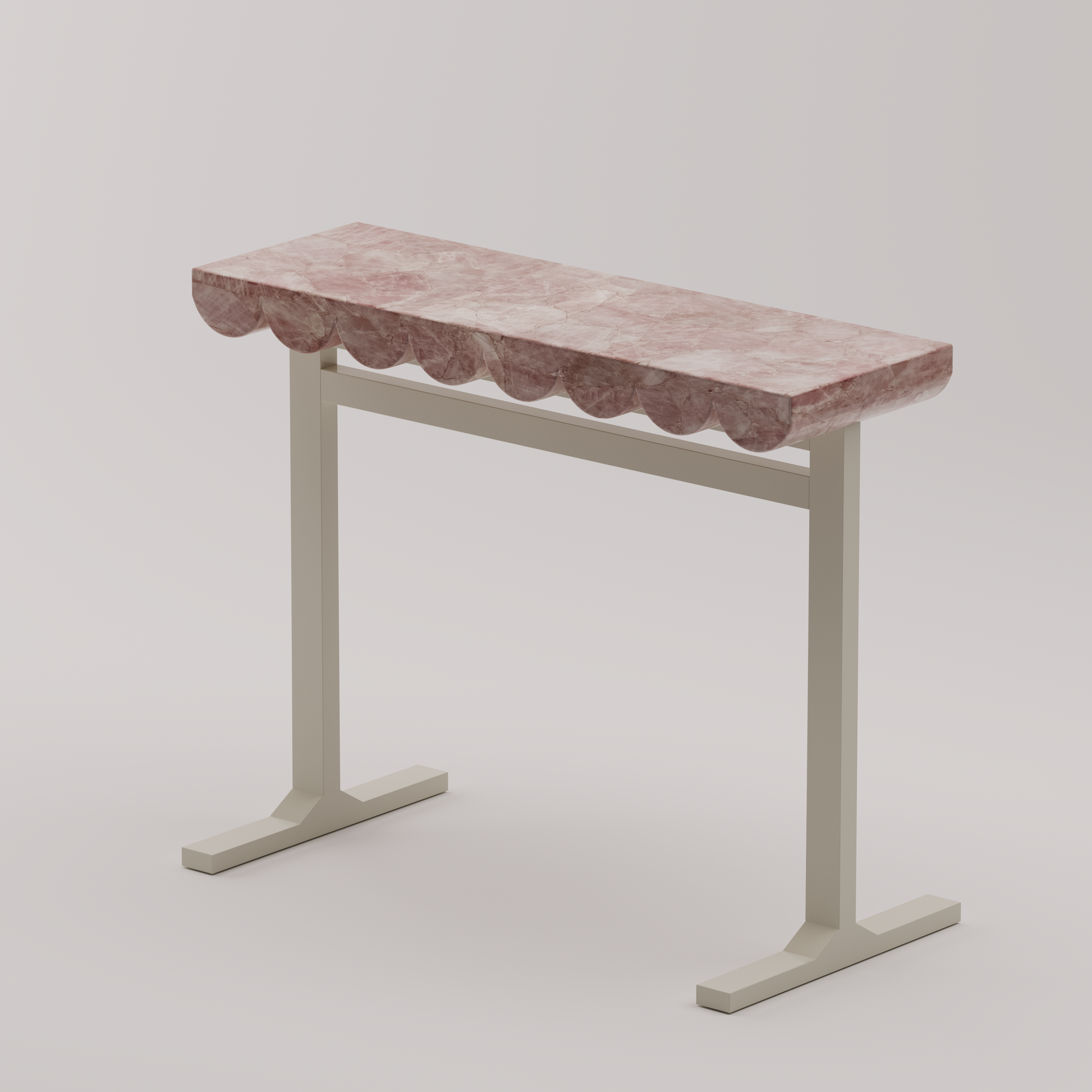 Wave Console Table with pink quartz stone top and oyster white metal base featuring a sculpted scalloped edge