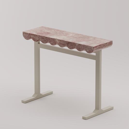 Wave Console Table with pink quartz stone top and oyster white metal base featuring a sculpted scalloped edge