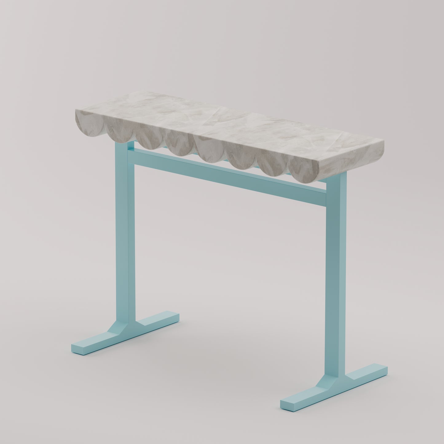 Wave Console Table with white zebra quartz stone top and pastel turquoise metal base with scalloped detailing