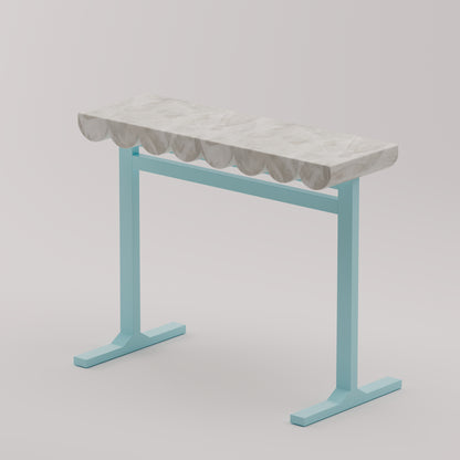 Wave Console Table with white zebra quartz stone top and pastel turquoise metal base with scalloped detailing